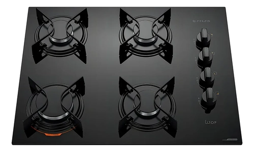 Cooktop 4 Bocas Atlas Preto Com Mesa De Vidro U Top Bivolt 110V/220V
