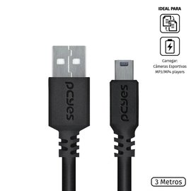 Cabo Usb a 2.0 Macho para Mini Usb b Macho 28awg Puro Cobre 3 Metros - Puanm2-3
