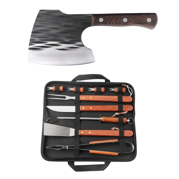 Kit Churrasco 1 Cutepo Machado, 1 Estojo resistente, 1 Faca do chef, 1 Garfo, 1 Pegado, 1 Espátula, 1 Amolador e 4 Pegador de petisco