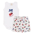 Conjunto Body Regata Estampado e Shorts com Laço e Babado Suedine Feminino – Cerejinhas