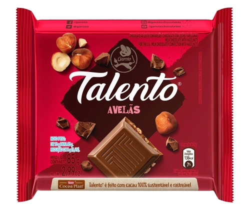 Barras De Chocolate Avelãs Talento 85g
