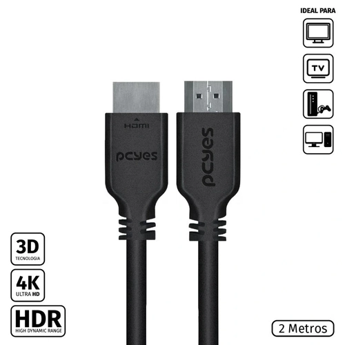 Cabo Pcyes Hdmi 2.0 4K 30awg Puro Cobre 2 Metros - Phm20-2