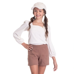 Conjunto Blusa Manga Longa Cotton e Shorts Molecotton Linho Randa Mundu - Feminino