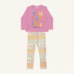 Conjunto Camiseta Mango Longa e Legging You Got This Rosa Fakini - Feminino
