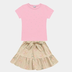 Conjunto Blusa Manga Curta e Saia Com Aplicação de Pedrinhas Fakini Feminino
