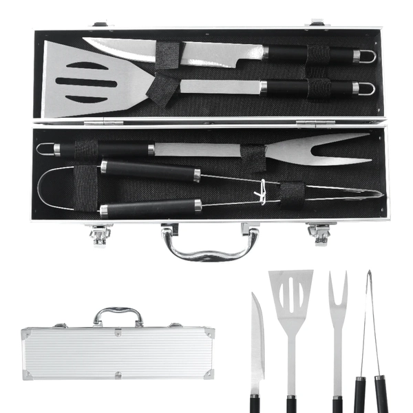 Kit Churrasco 5 Peças Aço Inox Com Maleta de Transporte Aluminio Faca Espatula Garfo e Pegador Grillrelax