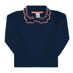 Blusinha Manga Longa Gola Babado Bordada Marinho Tileesul - Feminina