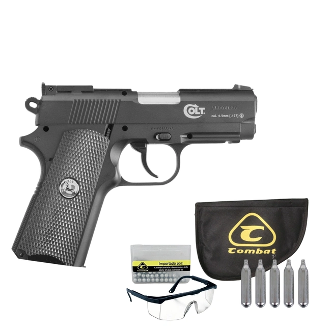 (Kit) Pistola Colt Defender 4,5mm Licenciada + Óculos de Proteção + 5 Cilindro de Co2 + Case + Esferas - (Umarex)