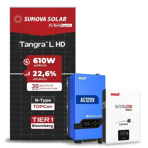 Gerador Off Grid 4,88kW - SUNOVA 610W - MUST LHP 5kW 120V - Bateria 5,1kWh 100Ah