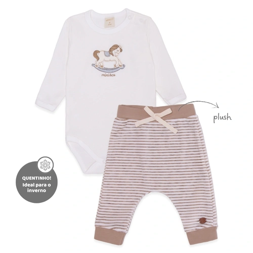 Conjunto Body Manga Longa Bordado e Calça Listrada Suedine Masculino - Brinquedos Masculinos