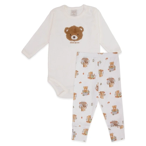 Conjunto Body Manga Longa Bordado e Mijão Estampado Suedine Unissex - Ursinhos
