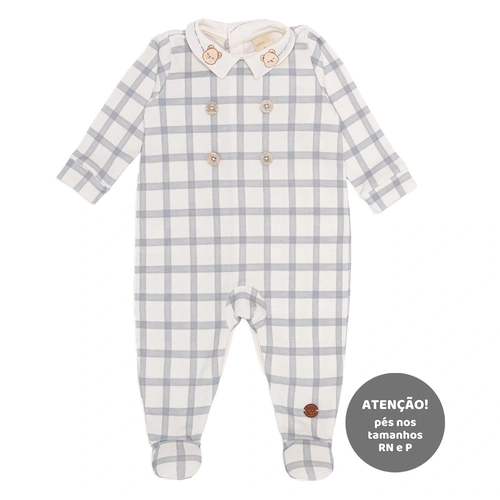 Macacão Manga Longa Estampado com Gola Bordada Suedine Masculino - Ursinho e Cavalinho