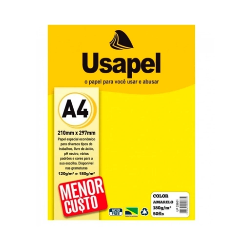 Papel A4 Amarelo 180g/m² 210mmX297mm Cx 50 Unidades Usapel