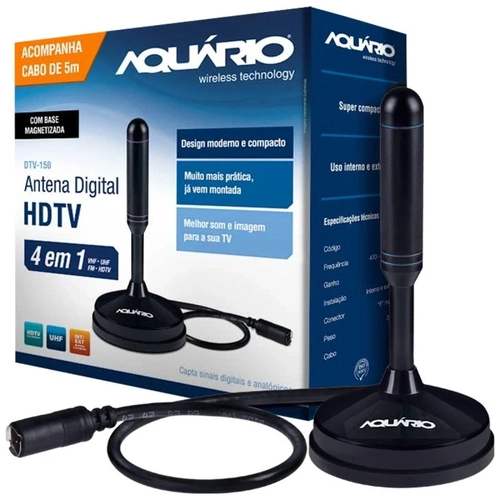 Antena Digital Hdtv 5 Em 1 Vhf/uhf/fm/hdtv/4k Aquario Uso Interno Ou Externo Com Cabo 5 Metros Dtv-150
