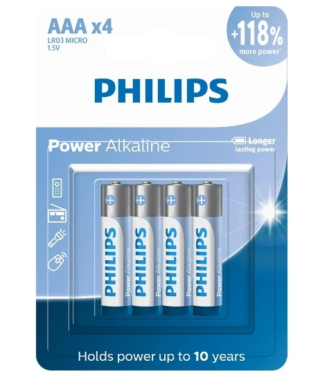 Pilha Philips AAA, Alcalina, LR03P4B/59 1.5V, - Embalagem com 4 Unidades