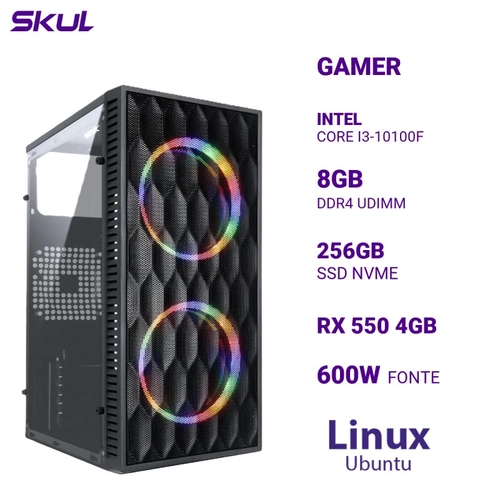 Computador 3000 Core I3-10100f Mem 8gb Ddr4 Ssd 256gb Nvme Rx 550 4gb Fonte 600w Linux Ubuntu