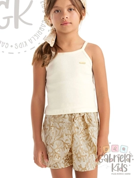 Conjunto com blusa regata canelada e short estampado com laço frontal