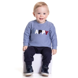 Conjunto Moletom Happy Bebê Azul Randa Mundu - Masculino
