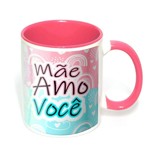 Caneca Branca de Porcelana (interior e alça rosa) com Estampa Personalizada