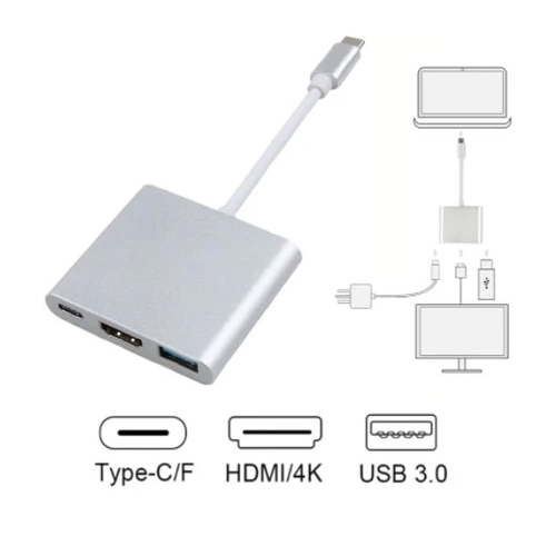 Adaptador 3 Em 1 Type-c Macho P/ Usb 3.0 / Hdmi E Type-c Fêmea - Hc-03