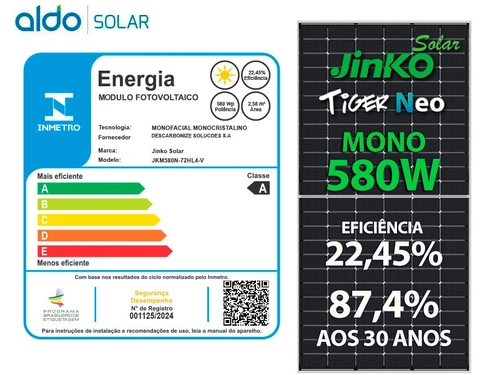 Painel Solar Fotovoltaico Painel Jkm580n-72hl4-v Tiger Neo 580w 144 Cel. n Type Mono 22,45% Eficiencia