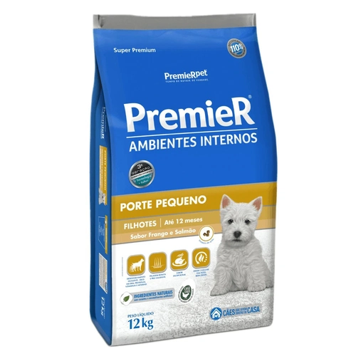 Ração Premier Ambientes Internos Cães Filhotes Raças Pequenas Frango e Salmão 12kg