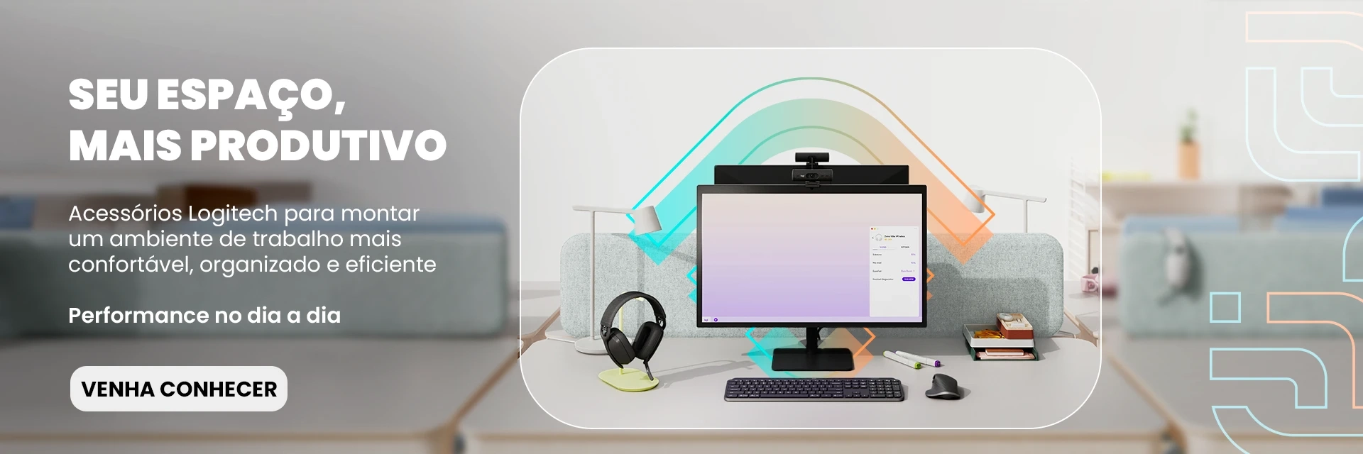 acessórios Logitech, setup de escritório, equipamentos para home office, produtividade no trabalho