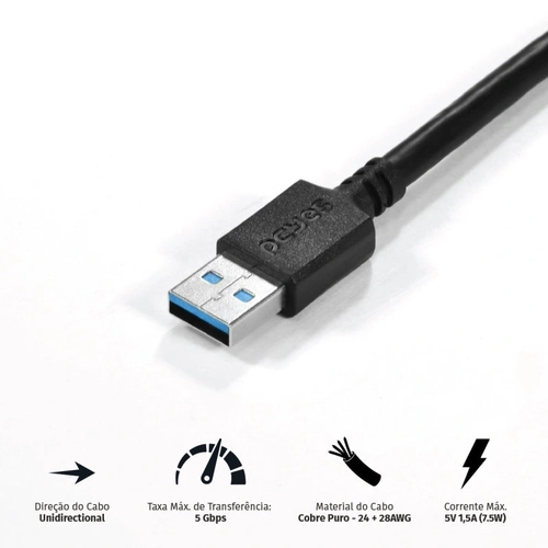 Cabo Extensor Usb a 3.0 Macho P/ Usb a 3.0 Femea - 2 Metros - Puamf3-2