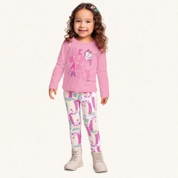 Conjunto Camiseta Manga Longa e Legging Malha Unicórnio Be Happy Rosa Fakini - Feminino