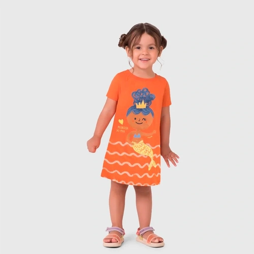 Vestido Manga Curta Malwee Princesa Do Mar Feminino - Laranja
