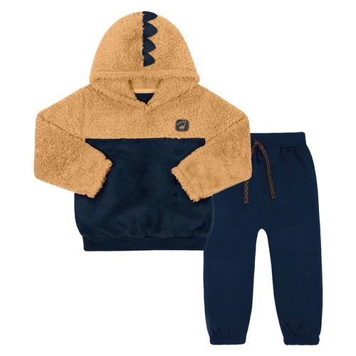 Conjunto Blusa e Calça em Pelinho com Capuz Marrom e Marinho Tileesul - Masculino