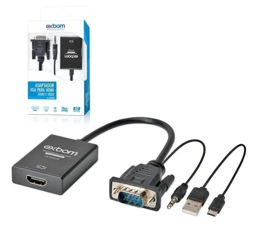 Cabo Mini Convesor Vga para Hdmi com Áudio e Vídeo, Full Hd, Exbom