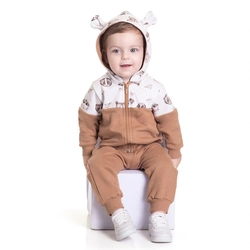 Conjunto Moletom com Jaqueta Capuz Orelhinha Castanho Randa Mundu - Masculino