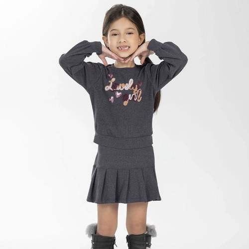 Conjunto Blusa Manga Longa e Saia Bordado Lovely Girl Cativa - Feminino