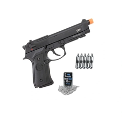 (Kit) Pistola de Airgun Gás Green Gás 92 A1 AG Slide Metal BK GBB 4,5mm + 5 Cilindros de Co2 + 300 Esferas - QGK