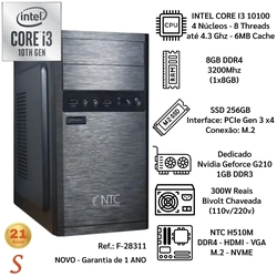 Computador Intel i3 10ª Ger. 10100 até 4.3Ghz Ram 8Gb Ddr4 Ssd 256Gb M.2 GForce 1Gb G210 300W H510M - NTC