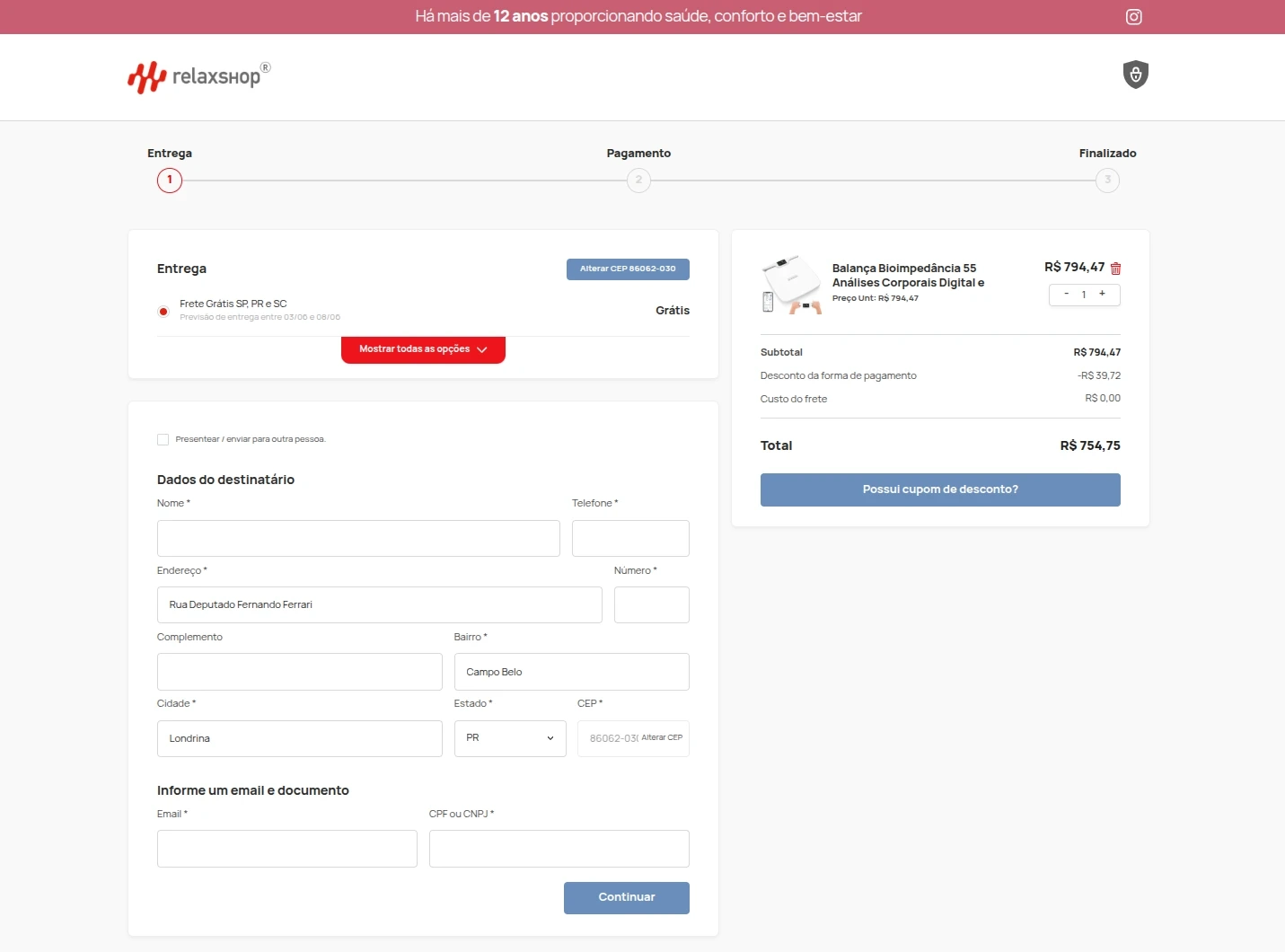 Checkout otimizado da plataforma e-commerce WDNA