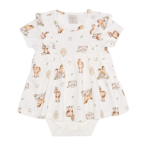 Body Vestido Manga Curta Com Babado Suedine Feminino - Cavalinhos