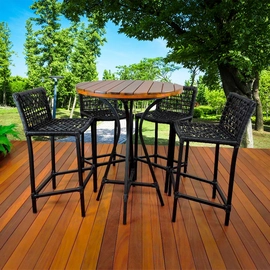 Conjunto 1 Mesa Bistrô Madeira 4 Banquetas Corda e Alumínio Epóxi Dourados
