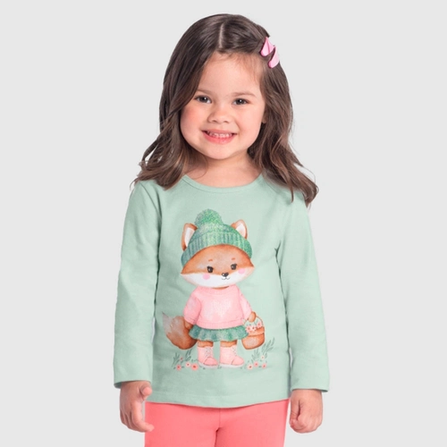 Camiseta Manga Longa Estampada Raposinha Verde Brandili - Feminina