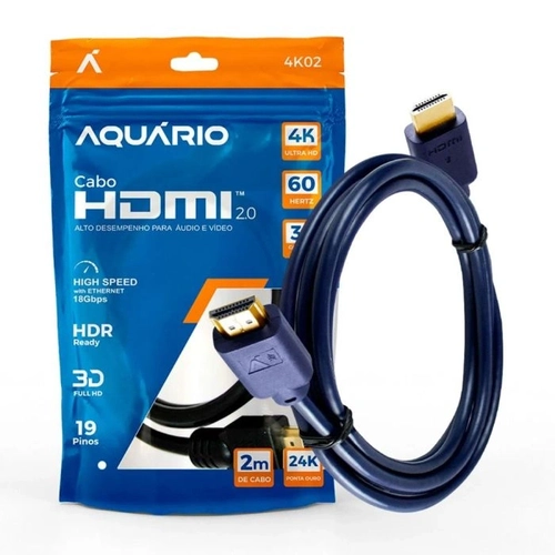 Cabo Hdmi, Aquário, 2.0, 4K, 3D, 19 Pinos - 2 Metros 4K02