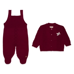 Conjunto Jardineira e Casaco Tricot Feminino – Vermelho