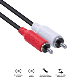 Cabo de Áudio 2 Rca Macho para 2 Rca Macho 28awg Puro Cobre 2 Metros - P2r-2