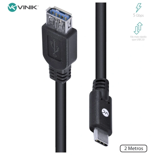 Cabo Vinik Usb-C Tipo-C para Extensor USB A Fêmea V3.2 5Gbps 2 Metros - C32UAF-2