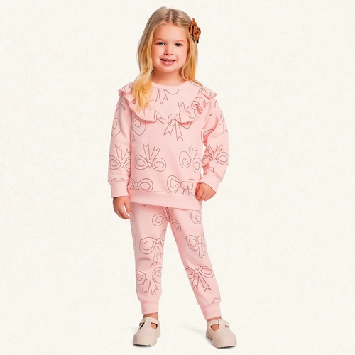 Conjunto Moletom Babado Lacinhos Rosa Fakini - Feminino