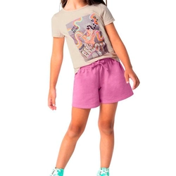 Conjunto Camiseta Manga Curta e Shorts Malwee Keep Enjoy Feminino - Bege