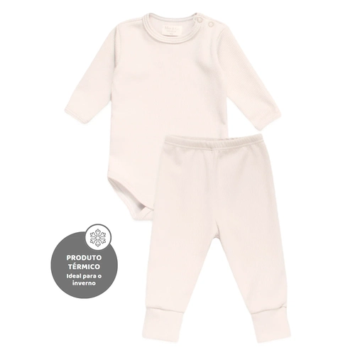 Conjunto Body Manga Longa e Mijão Canelado Térmico - Marfim