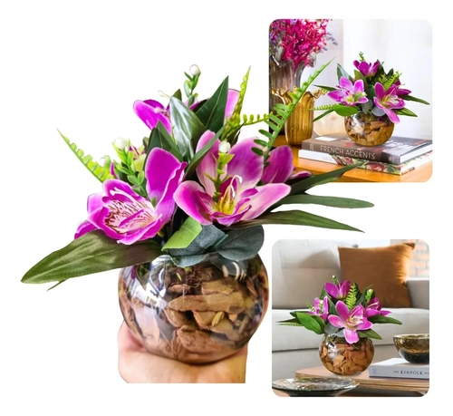 Arranjo Centro Mesa Completo Artificial Mini Orquídea E Vaso