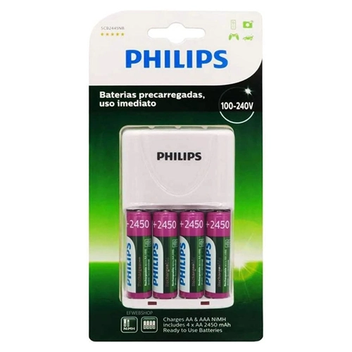 Carregador de Pilhas Philips e 4 Pilhas AA Recarregáveis