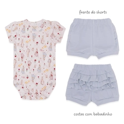 Conjunto Body Manga Curta Bordado e Shorts Babado Suedine Feminino – Rose Garden